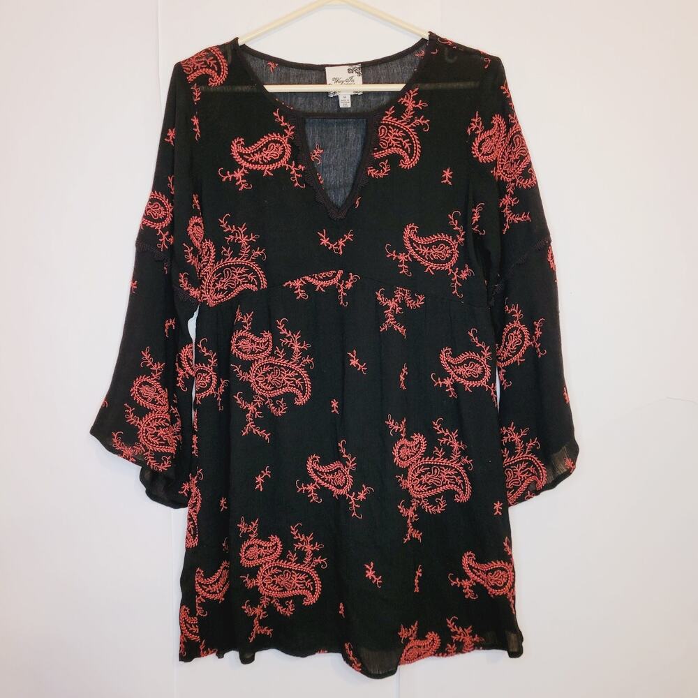 Way In black red embroidered paisley bell sleeve babydoll dress Sz M Whimsigoth